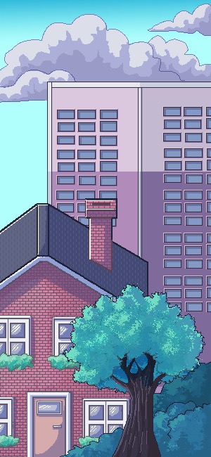 Pixel art scene of a brick house and apartment blocks