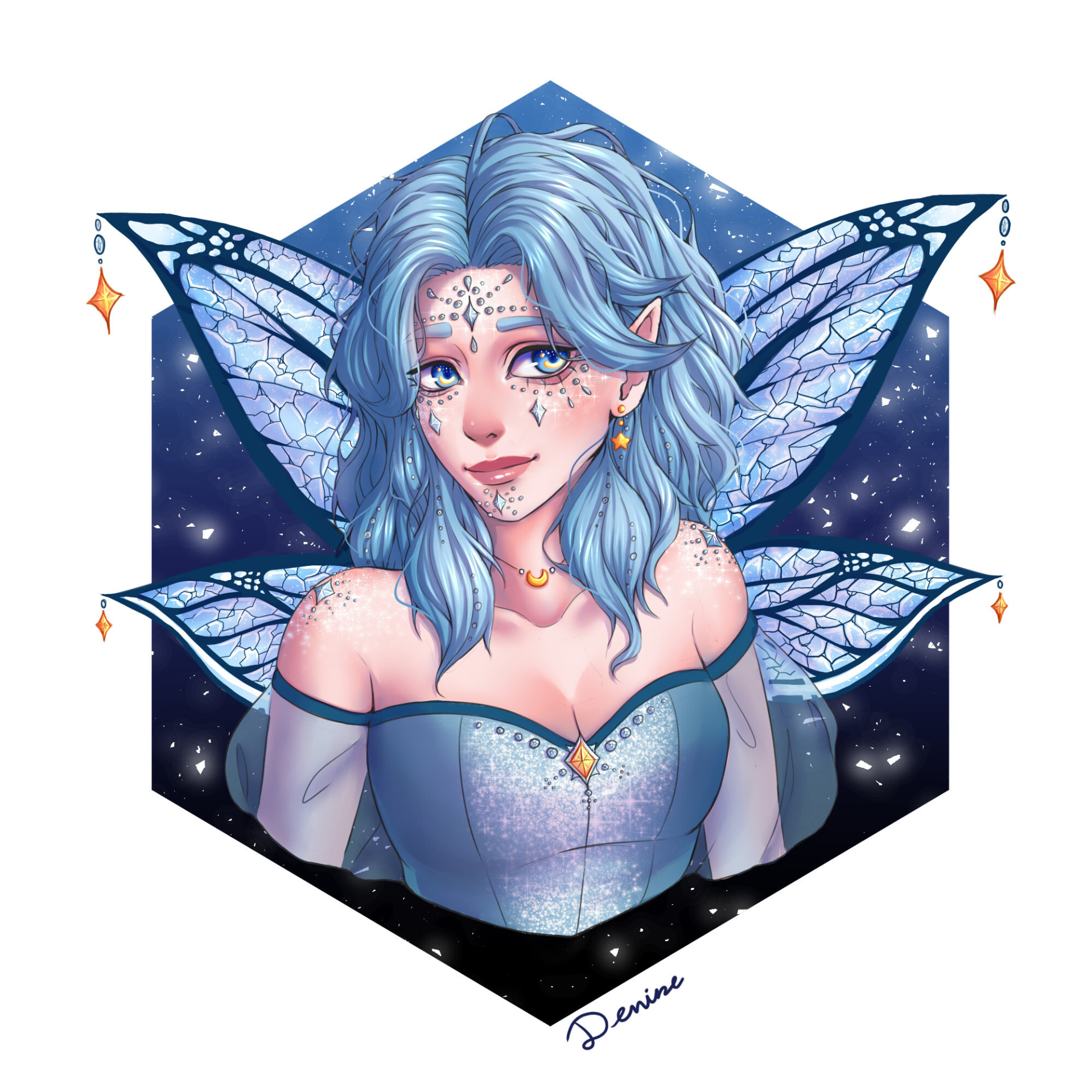 Fairy with blue hair and crystal wings