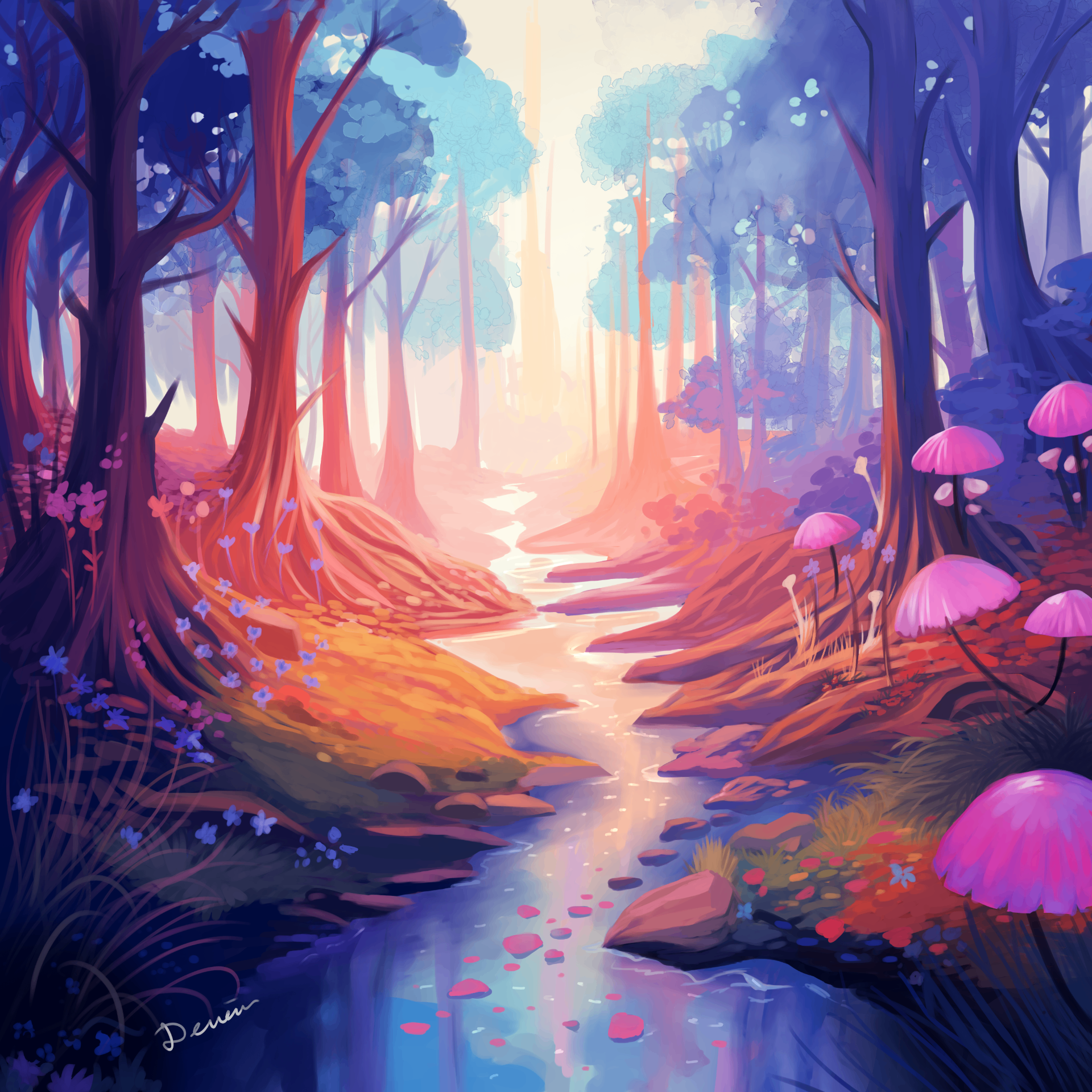 Mystical forest stream with pink mushrooms