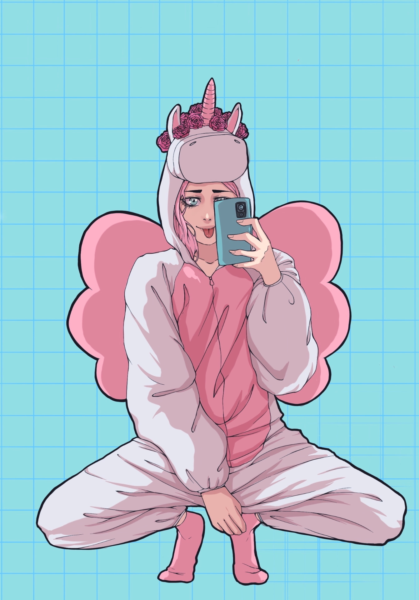 Self portrait in a unicorn onesie taking a mirror selfie