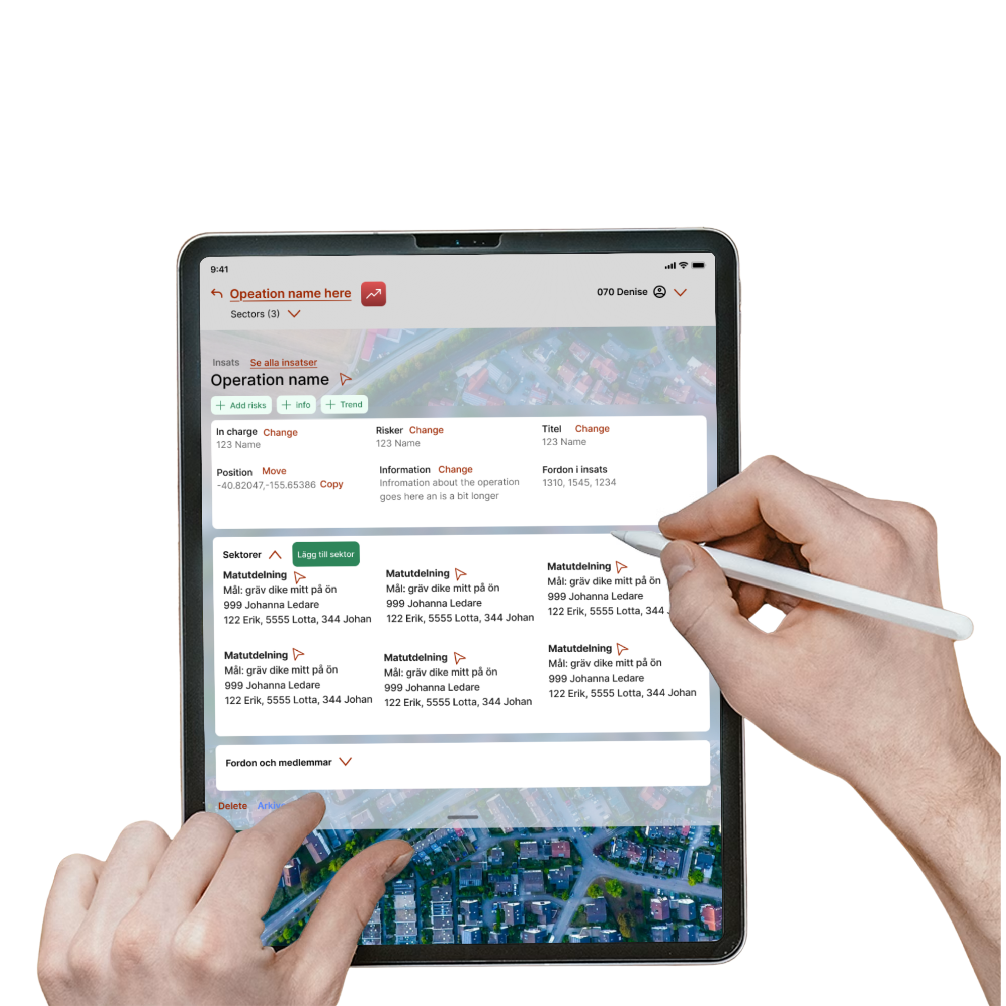 iPad mockup of the INCA forest fire coordination tool