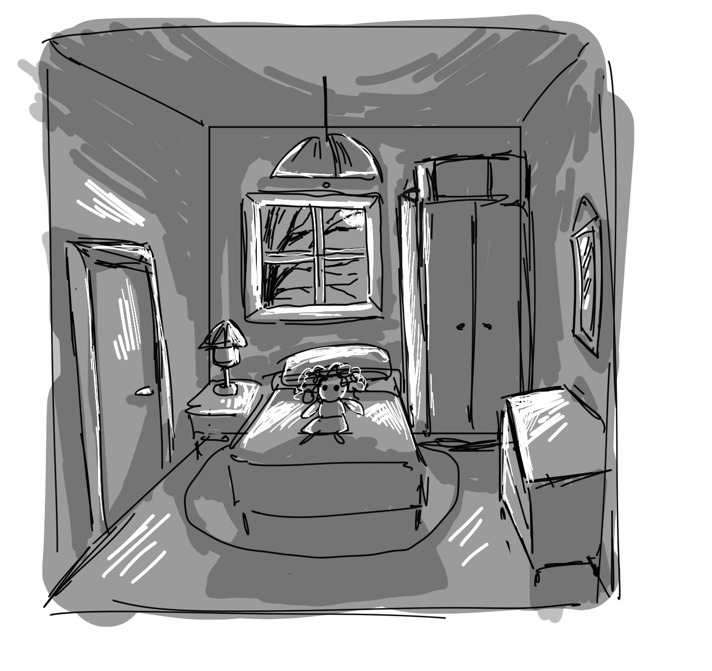 Single-room concept sketch for a horror escape room