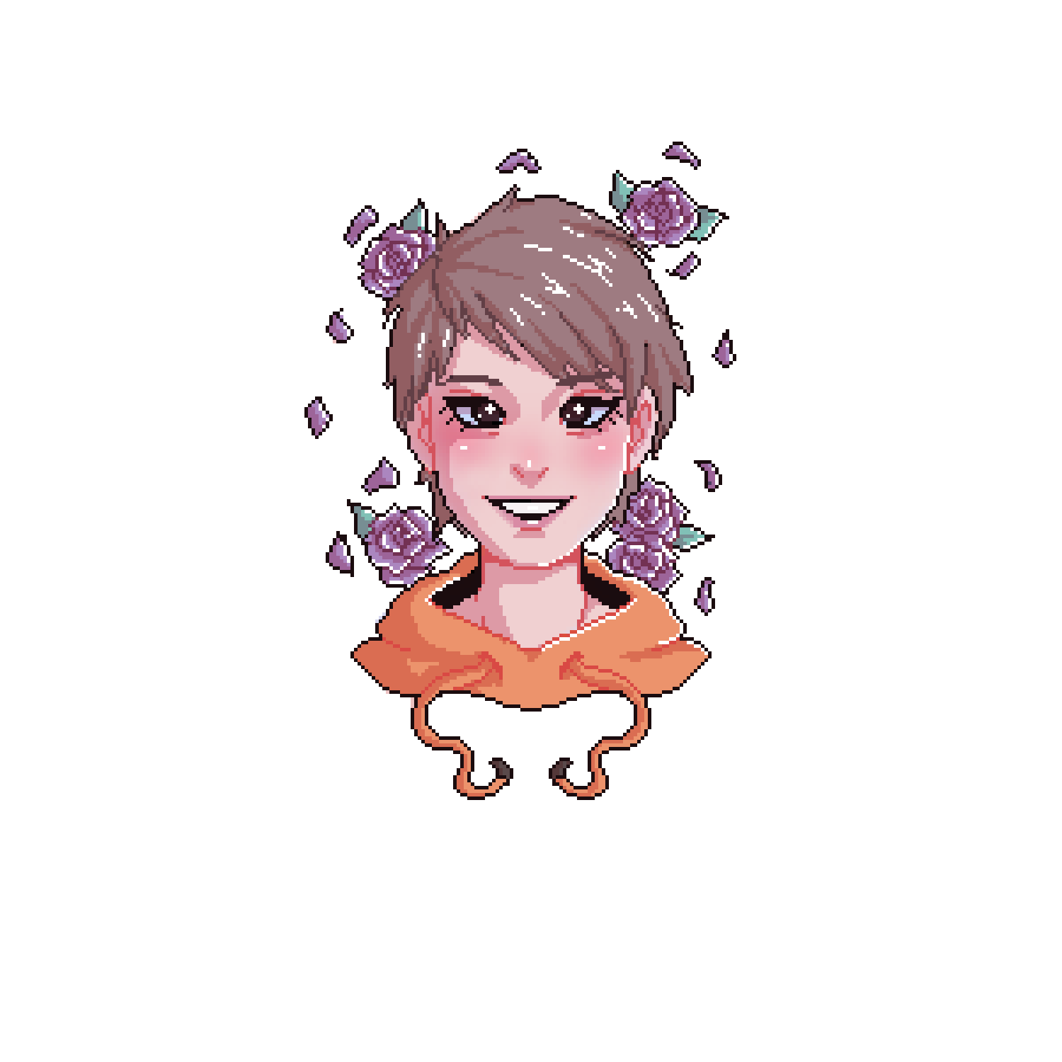 Pixel art portrait with purple roses