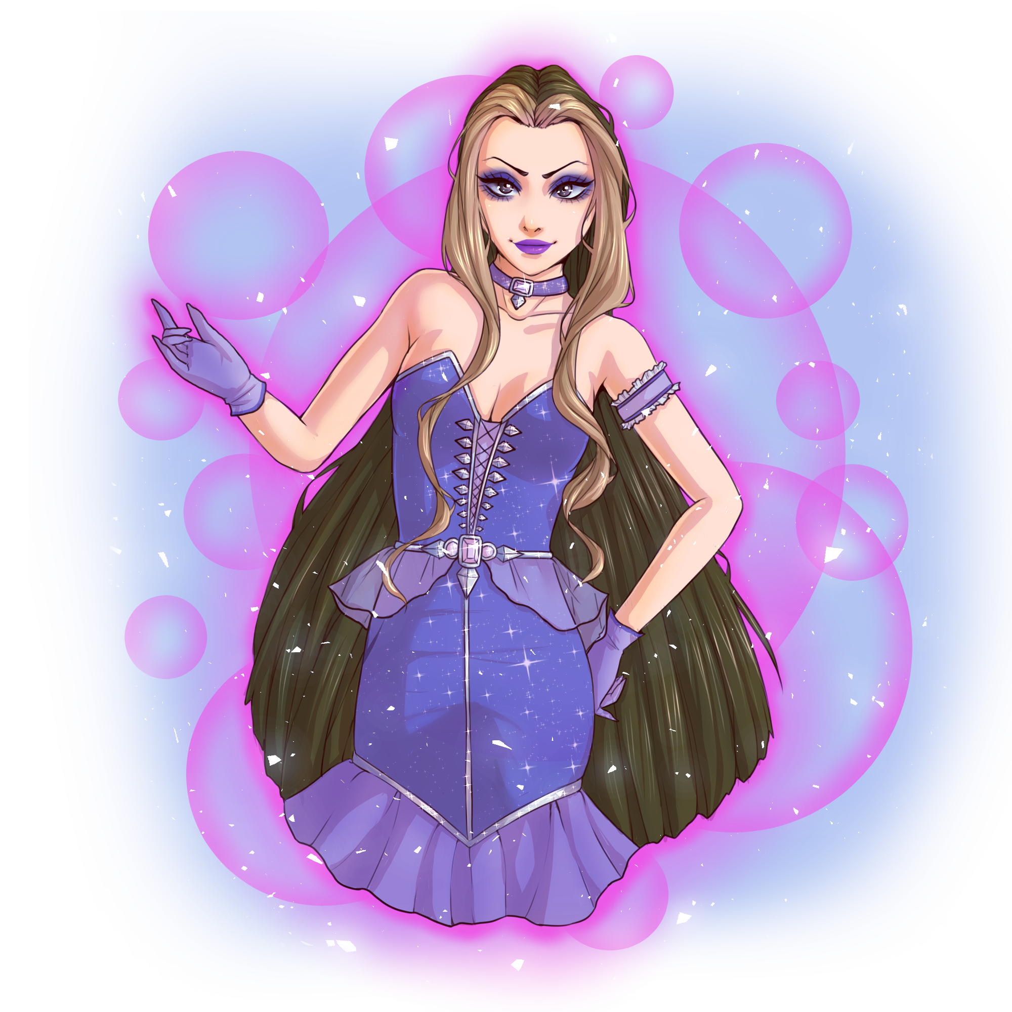 Royal Darcy in a purple corset gown with glowing magic orbs