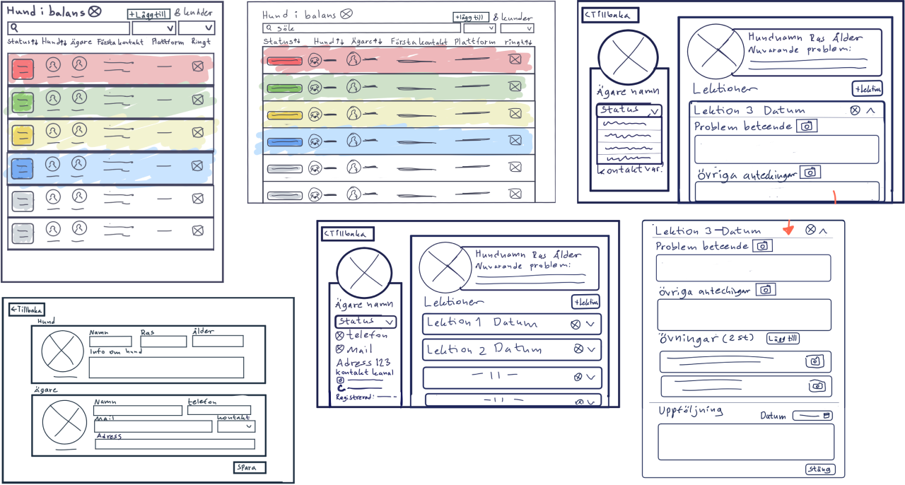 Hand-drawn wireframe sketches of the client list, client profile and lesson views