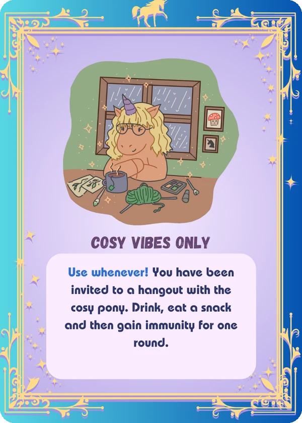 Unicorn drinking game card: Cosy Vibes Only, a unicorn with tea and knitting