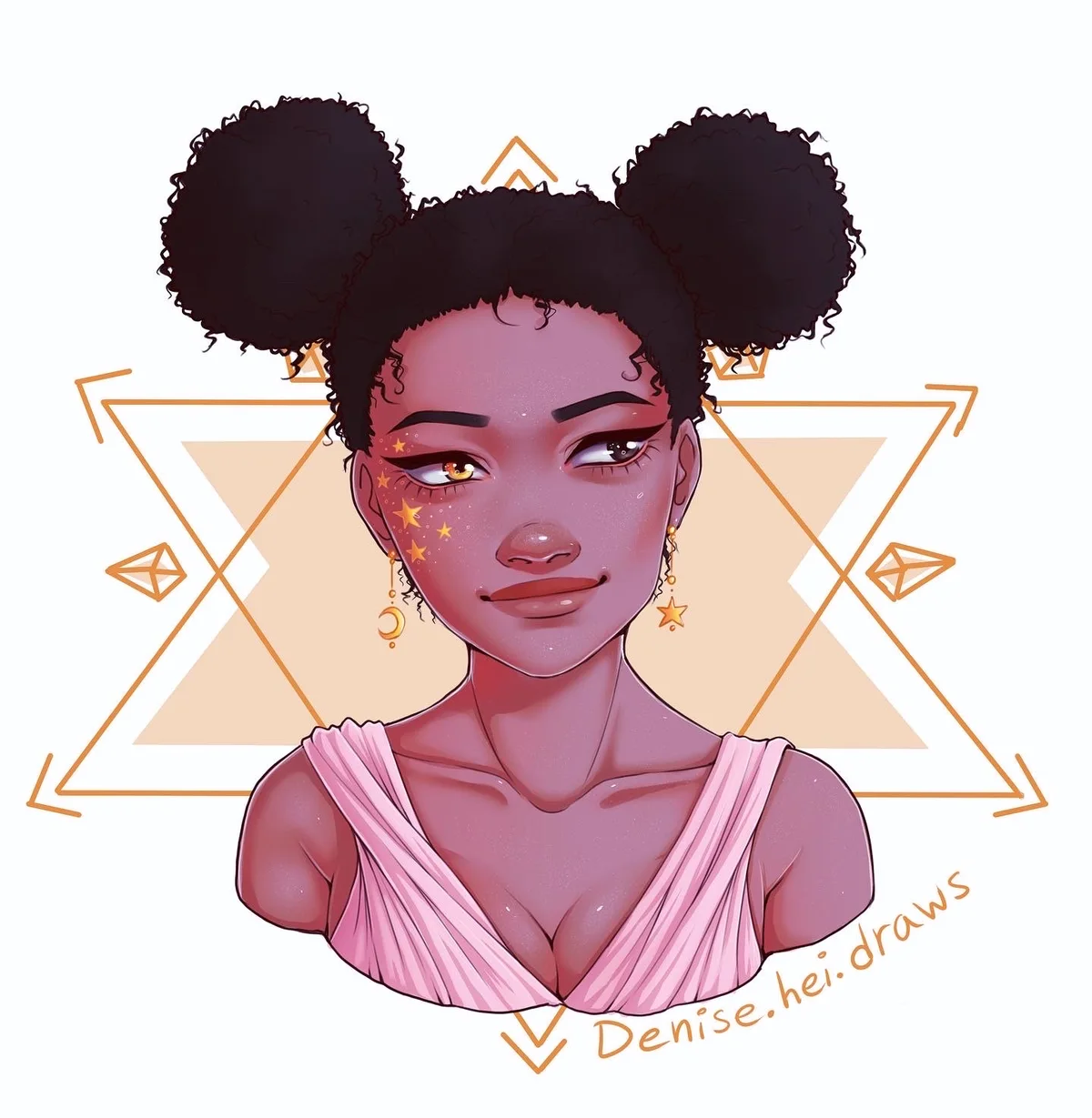 Portrait of a woman with afro puffs, star freckles and moon earrings