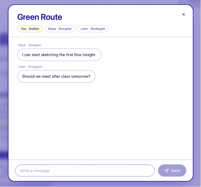 Team chat for the Green Route project with each member's role shown
