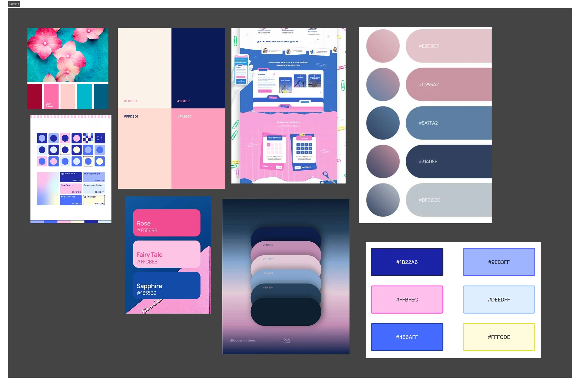 Moodboard of pastel pink and blue colour palettes