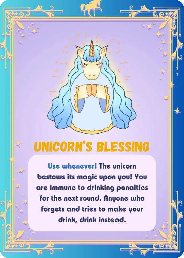Unicorn drinking game card: Unicorn's Blessing, an illustrated unicorn card in pastel colours