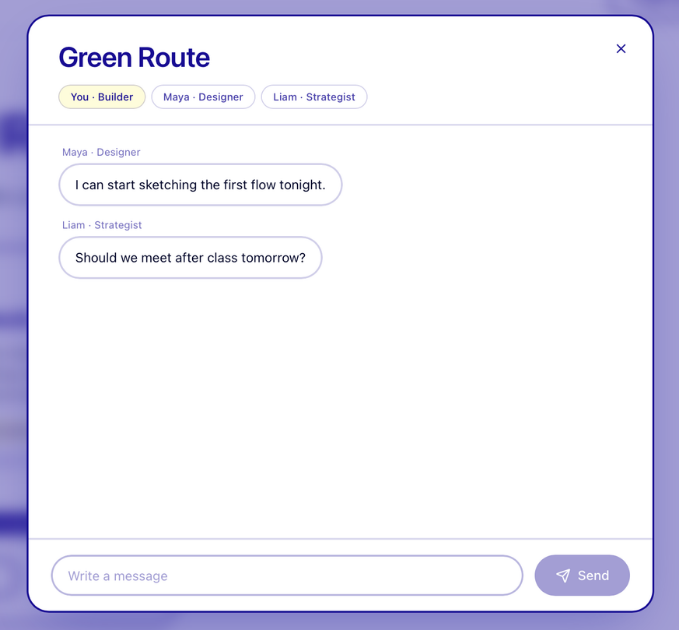 AfterClass project chat with team members labelled by role