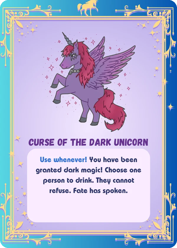 Unicorn drinking game card: Curse of the Dark Unicorn, an illustrated dark unicorn card