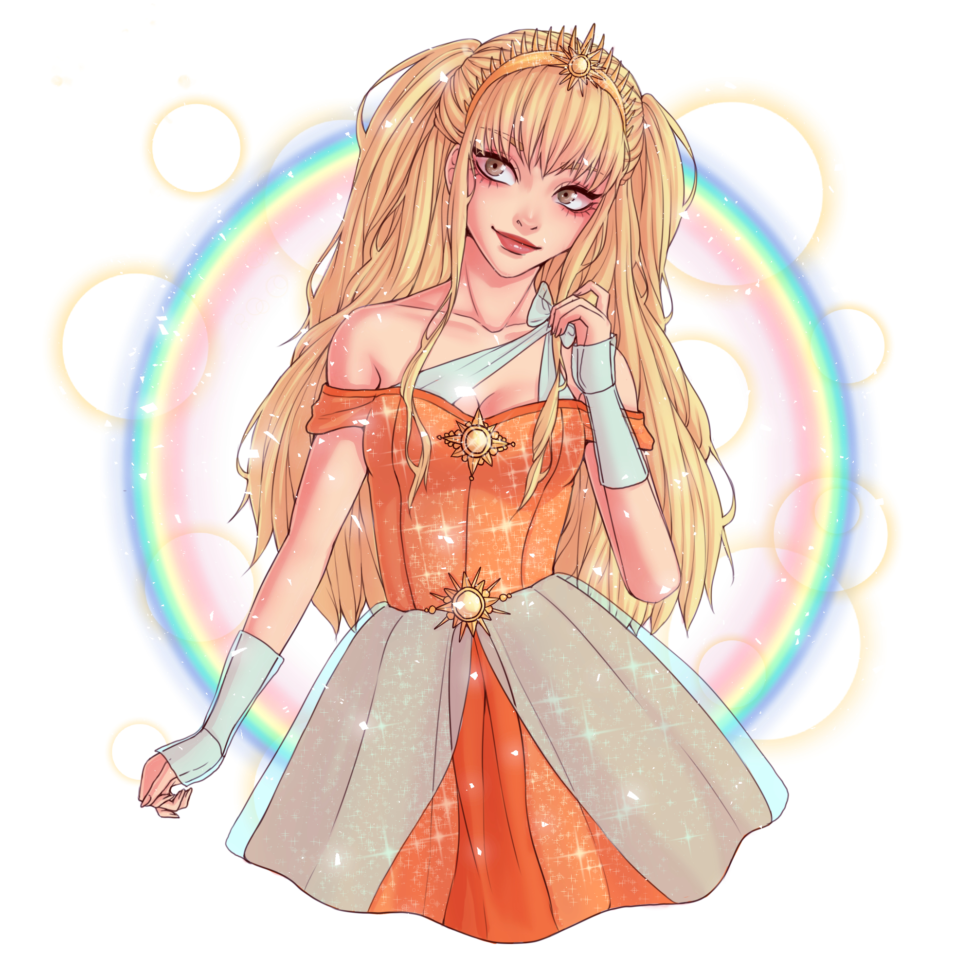 Winx-style princess with rainbow backdrop