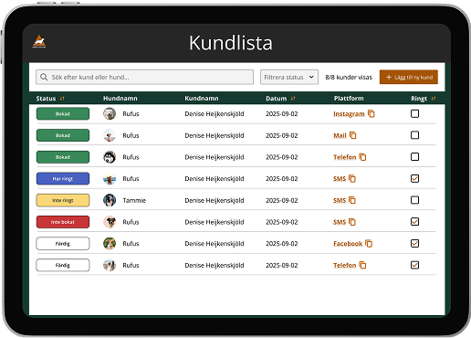 Alternative 1: dark client list prototype shown on a tablet