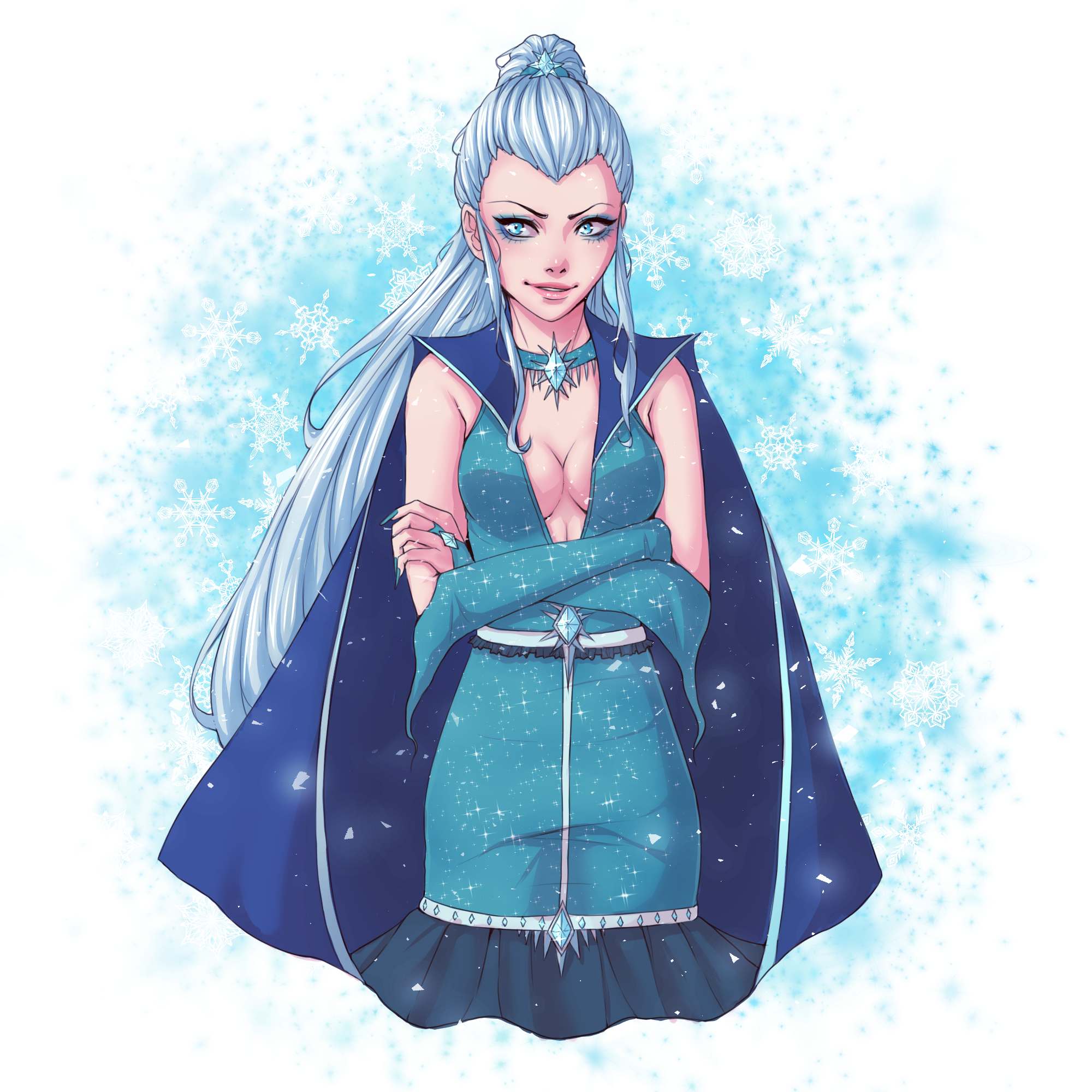 Royal Icy in a teal gown and dark blue cape surrounded by snowflakes
