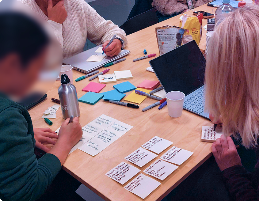 Participants around a table writing on post-its during the future workshop