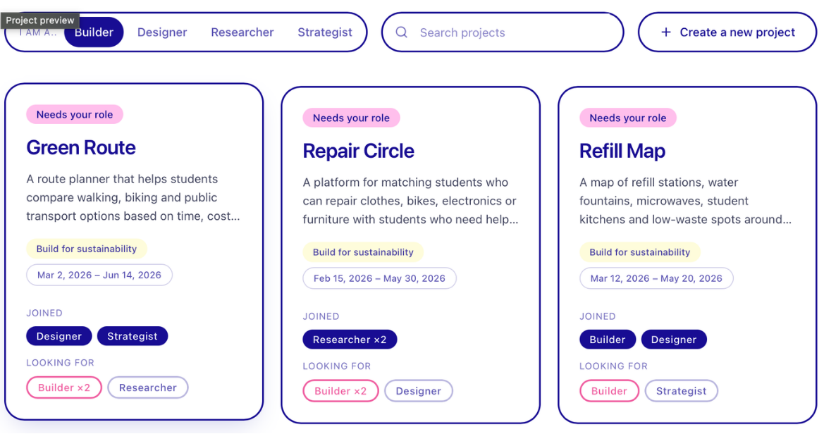 AfterClass project cards showing roles joined and roles still needed