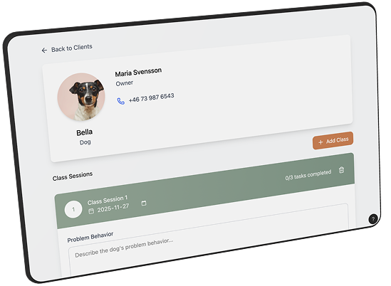 Digital mockup of the client detail view shown on a tablet
