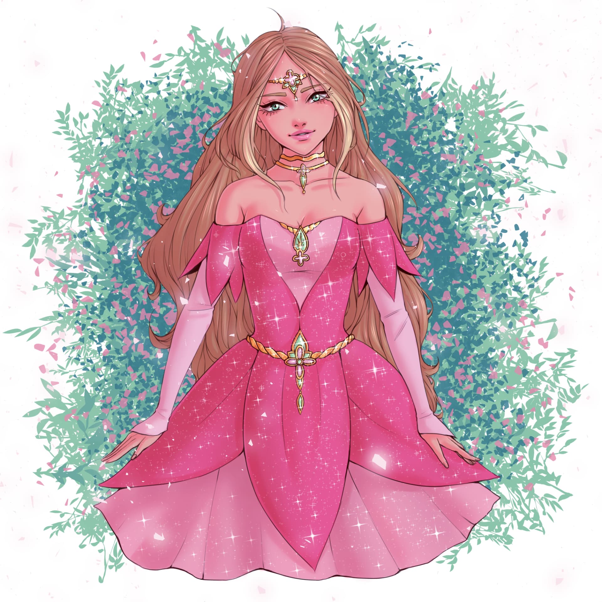 Royal Flora in a pink petal gown against a leafy backdrop