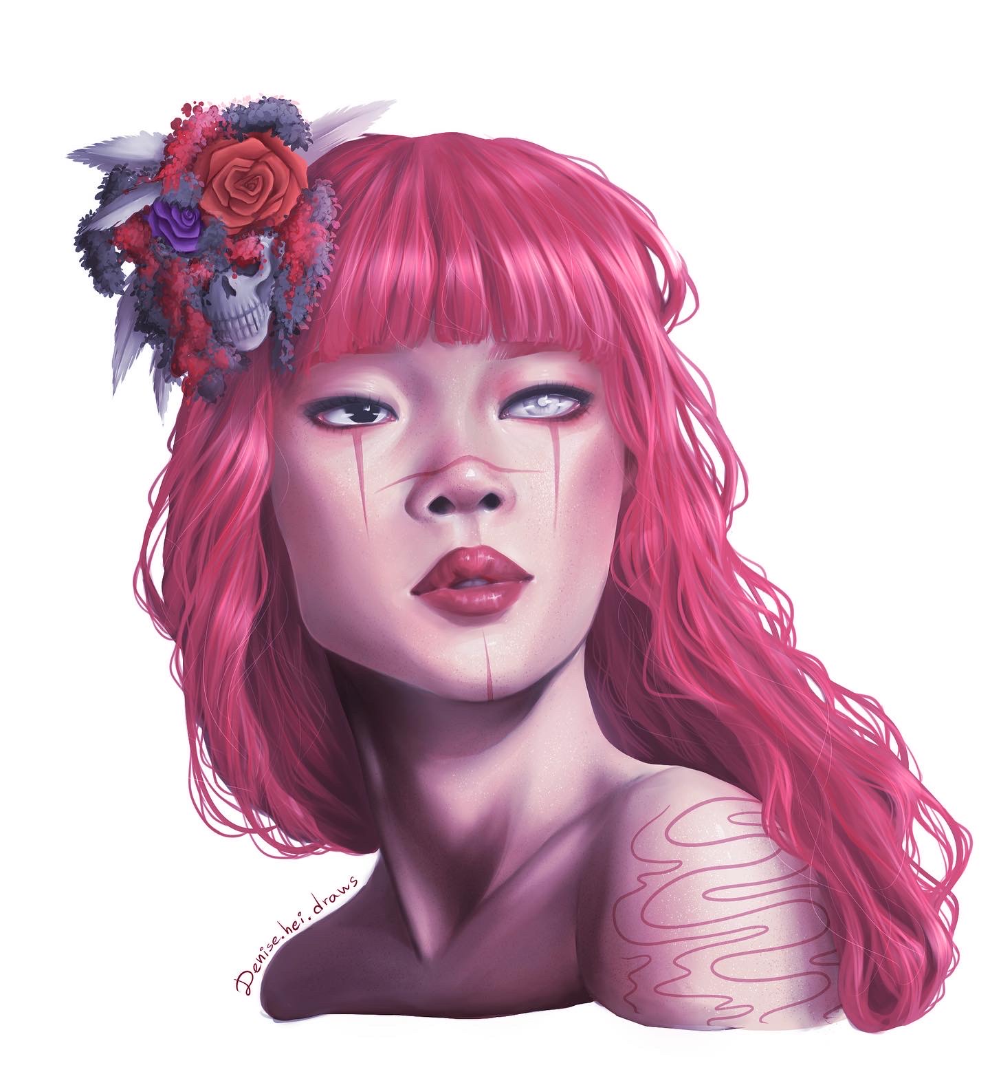 Portrait of a woman with pink hair and floral skull crown