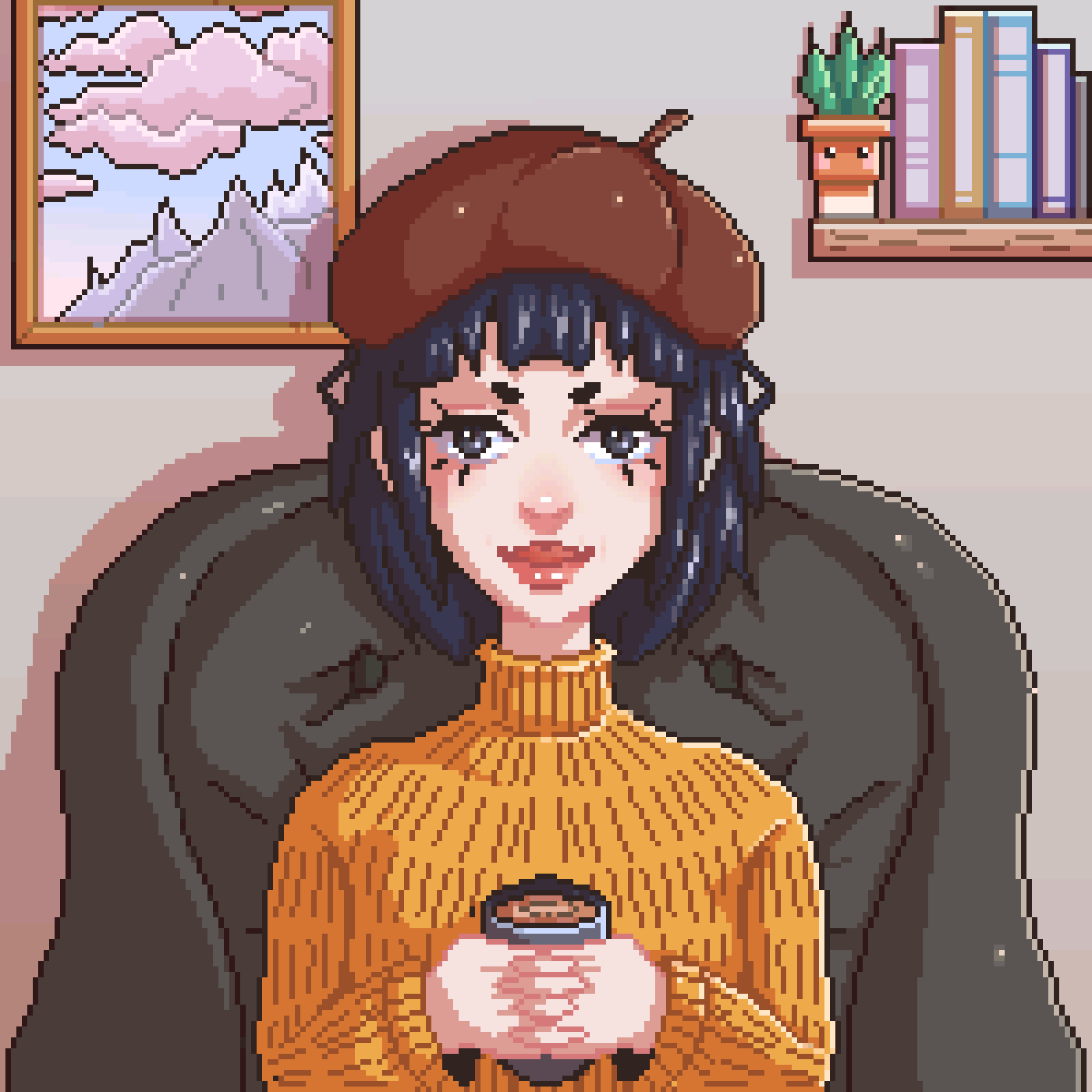 Animated pixel portrait of a girl in a beret