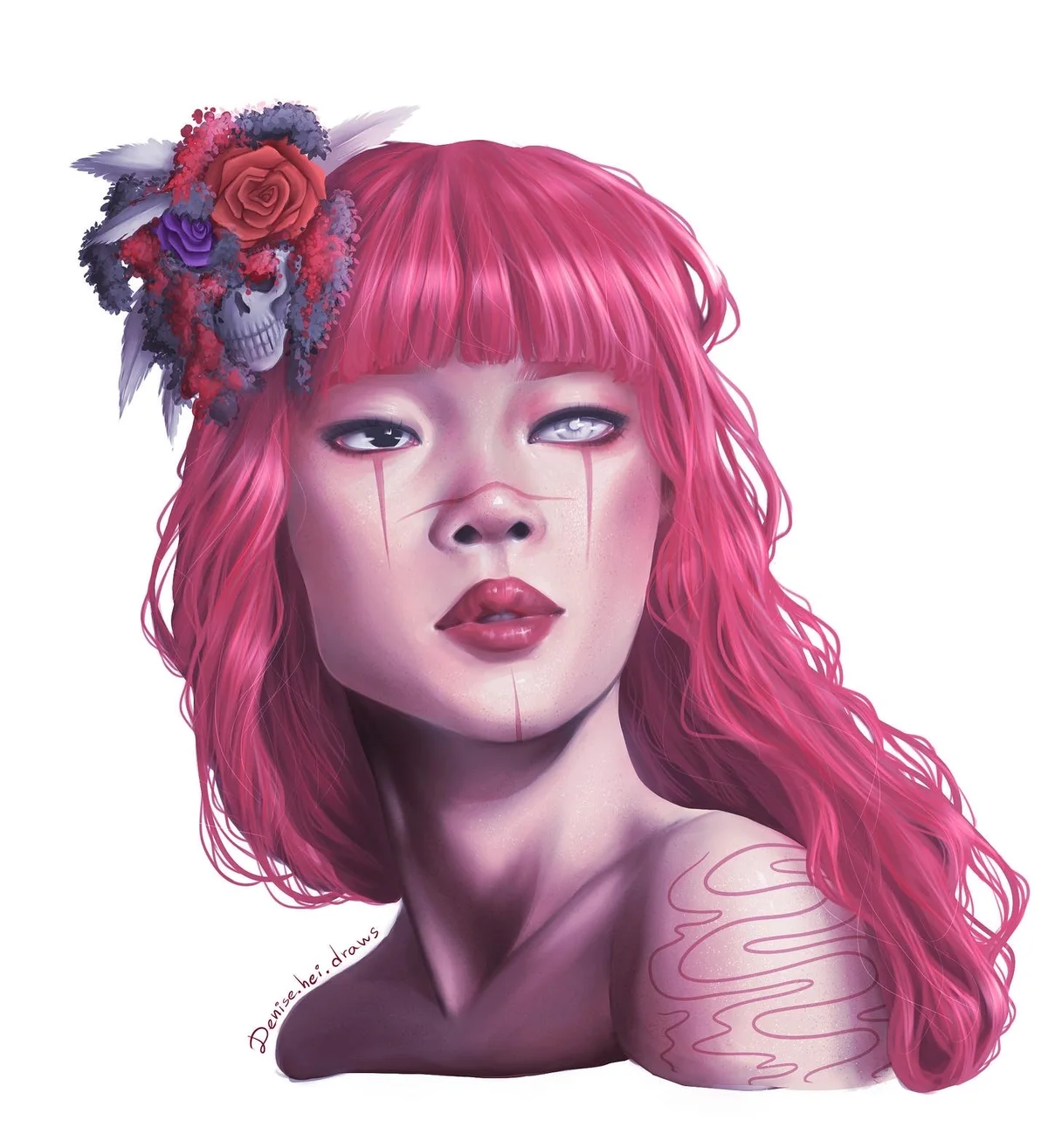 Woman with pink hair and a crown of flowers and small skulls
