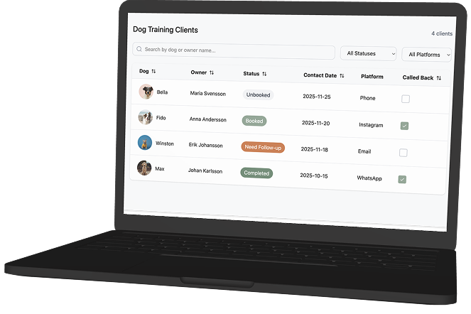 Digital mockup of the client list shown on a laptop