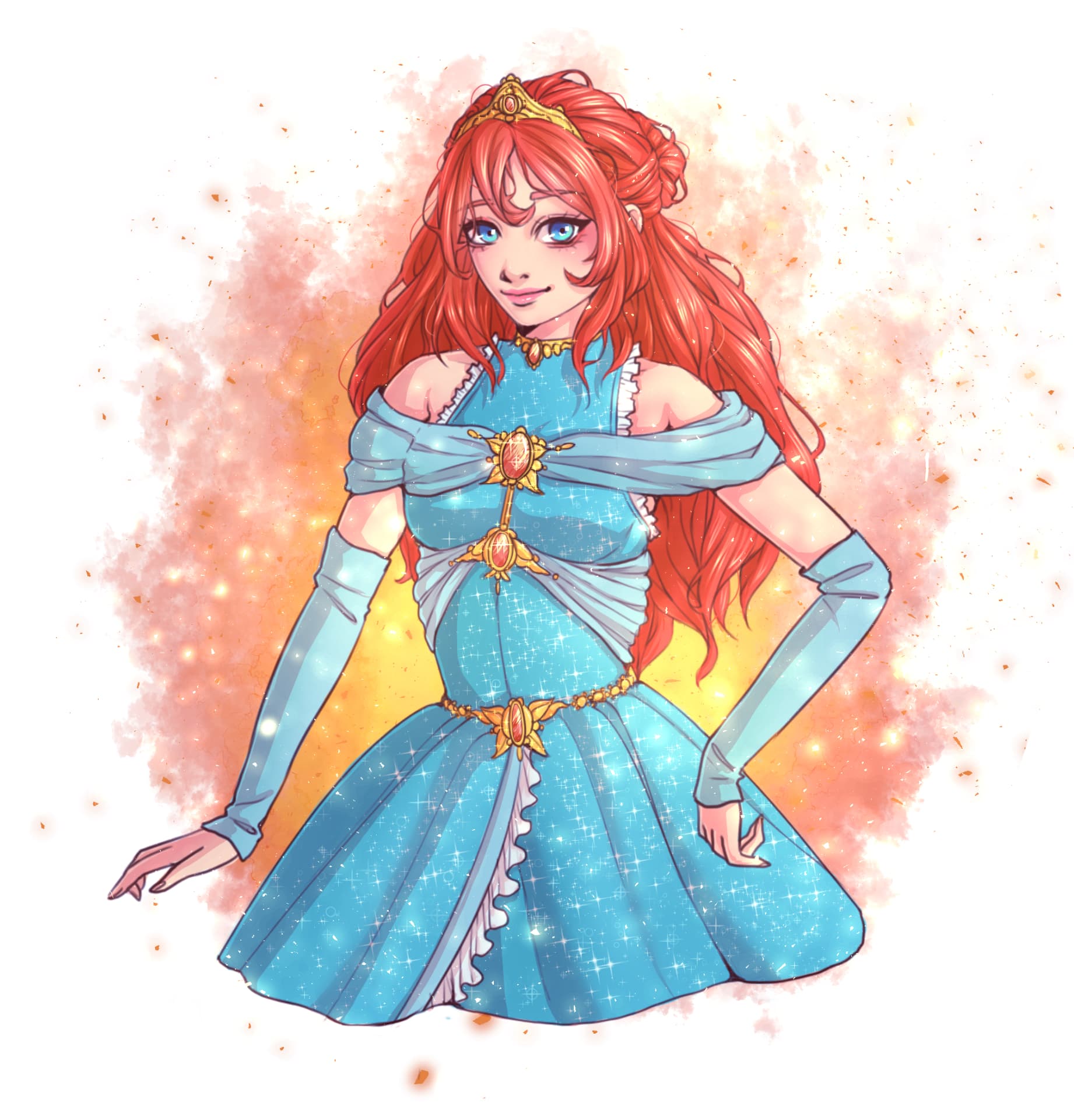 Royal Bloom in a blue gown with red hair and a golden tiara
