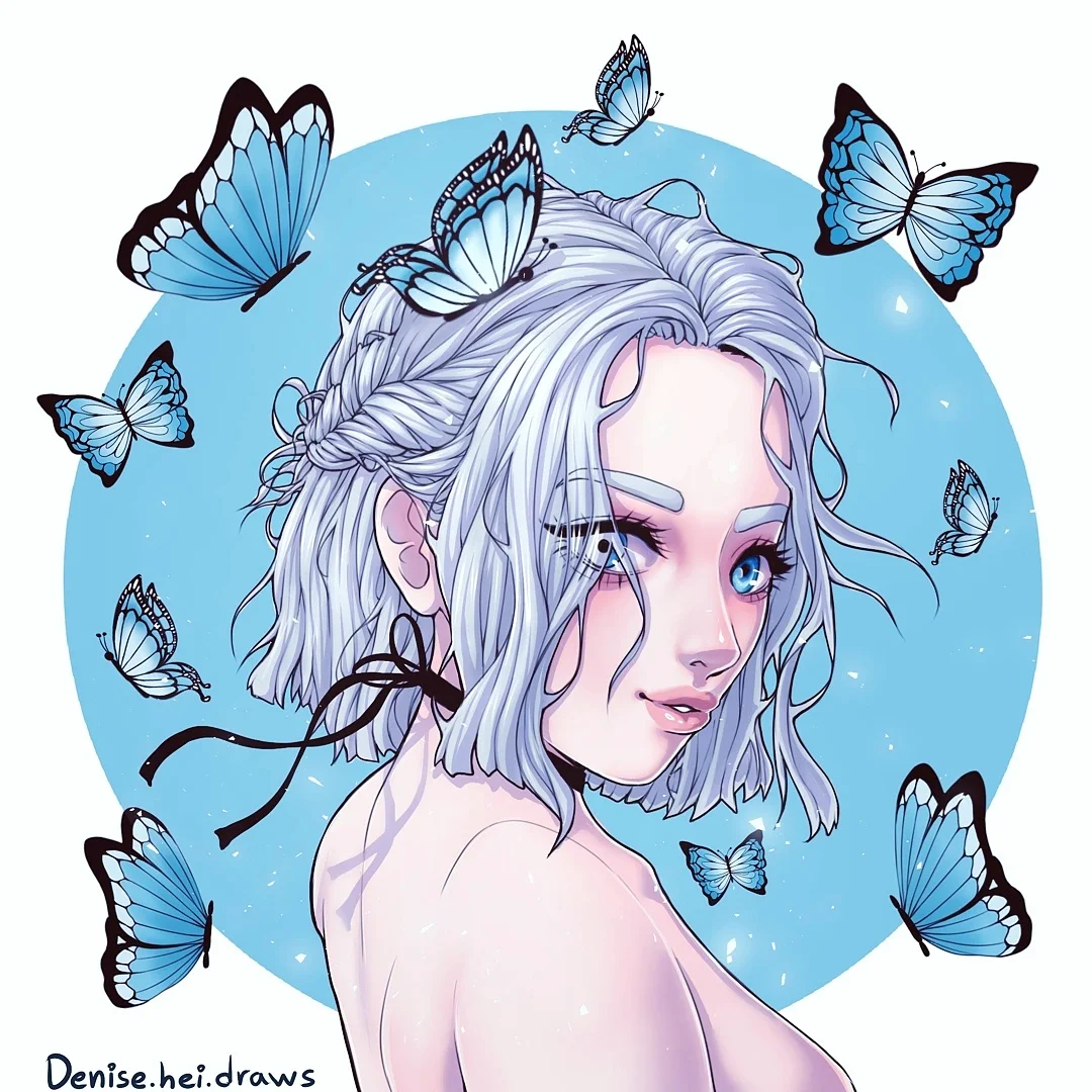 Silver-haired girl surrounded by blue butterflies