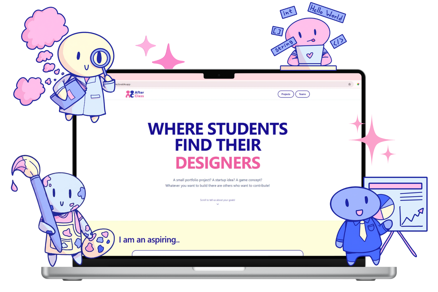 AfterClass hero illustration showing students finding designers