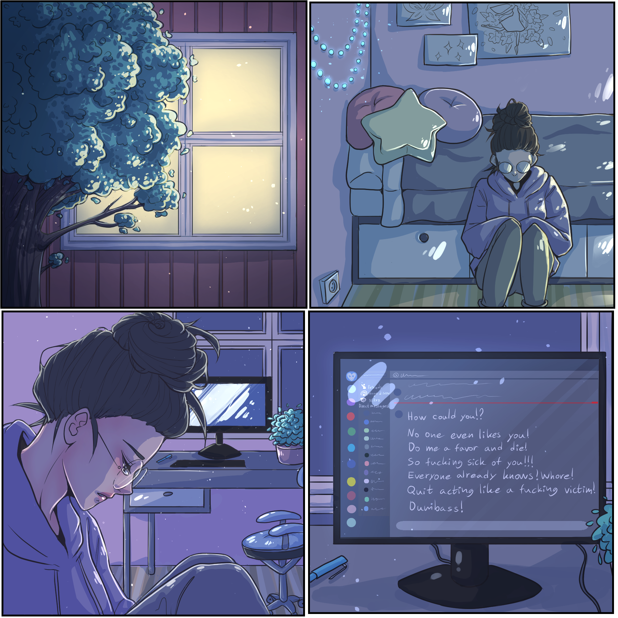 Four-panel comic in blue tones