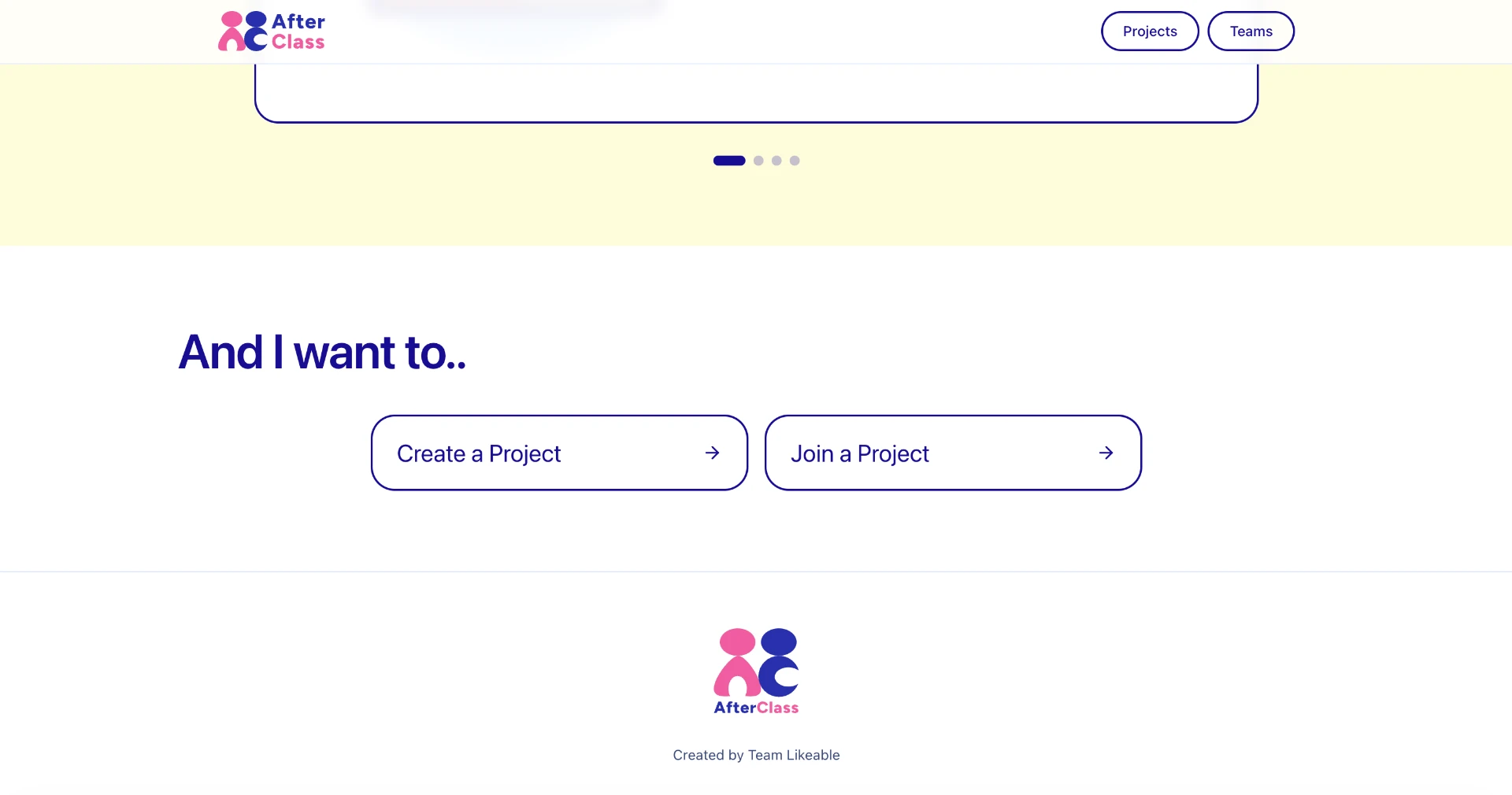 AfterClass call-to-action section with Create a Project and Join a Project buttons