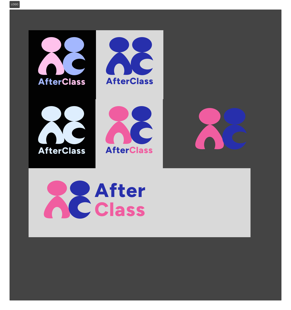 AfterClass logo variations in pink, blue and white