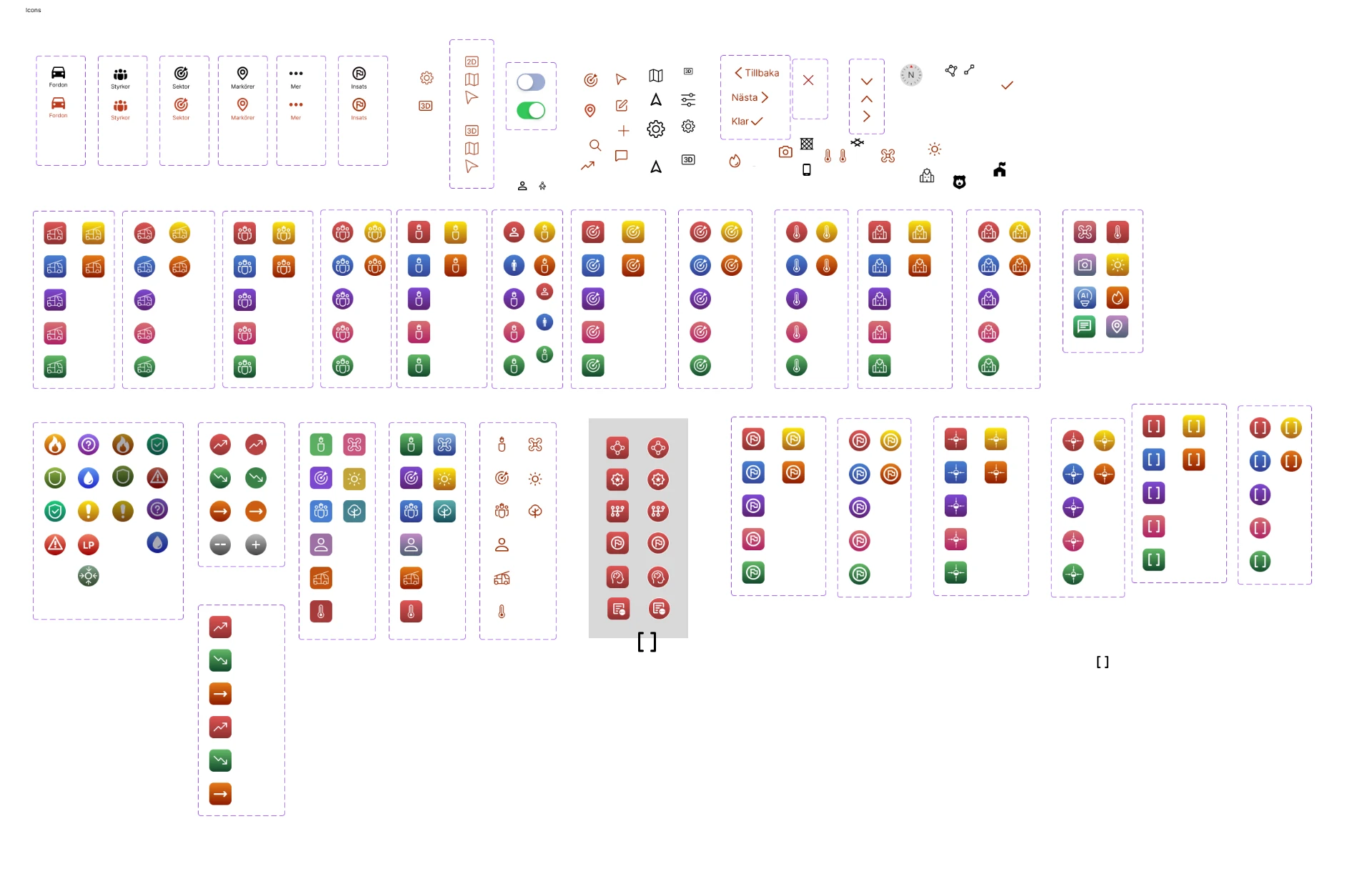 INCA WFS icon library with map objects in several colour variants