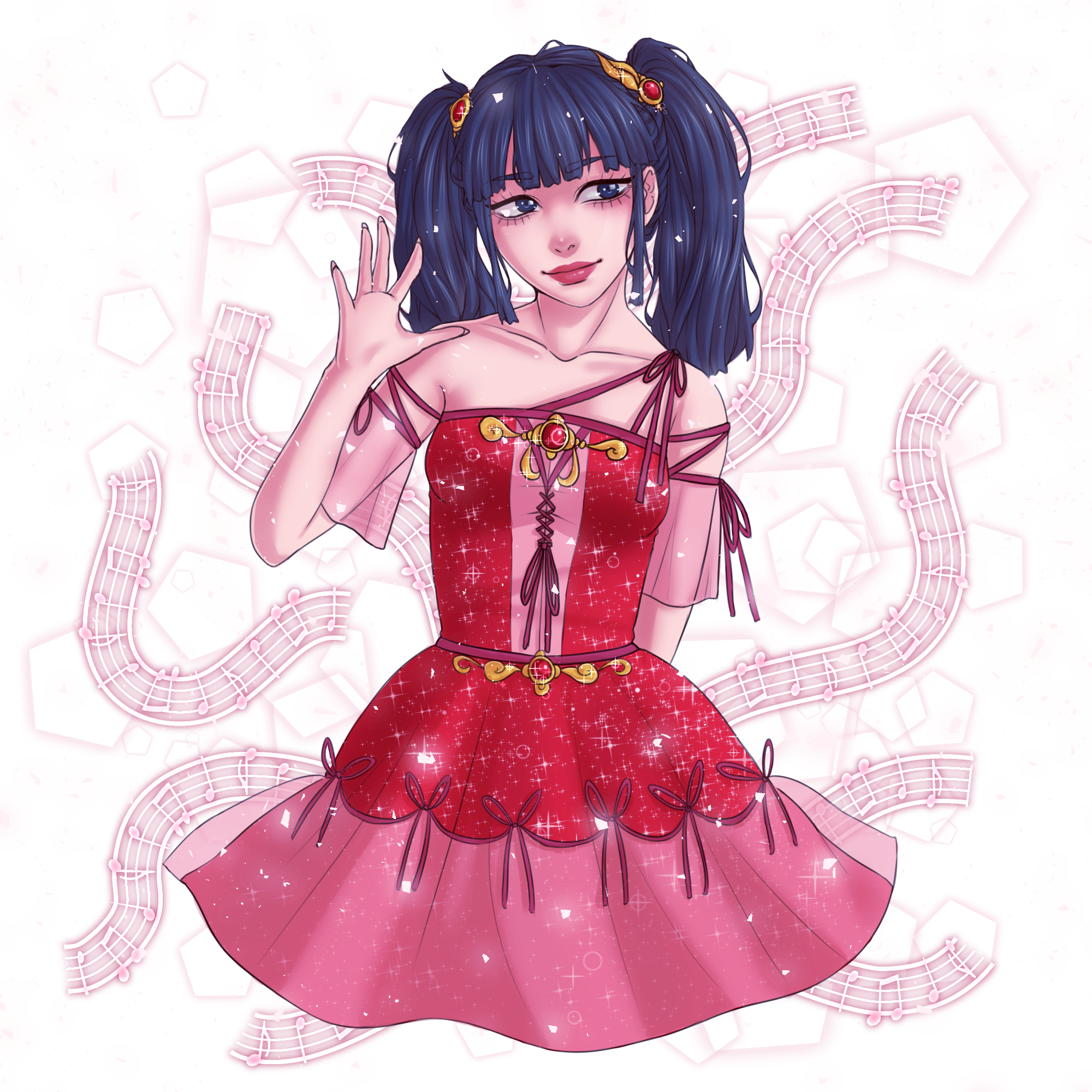 Royal Musa in a red and pink dress surrounded by music notes