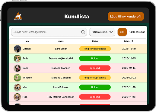 Alternative 2: light client list prototype shown on a tablet