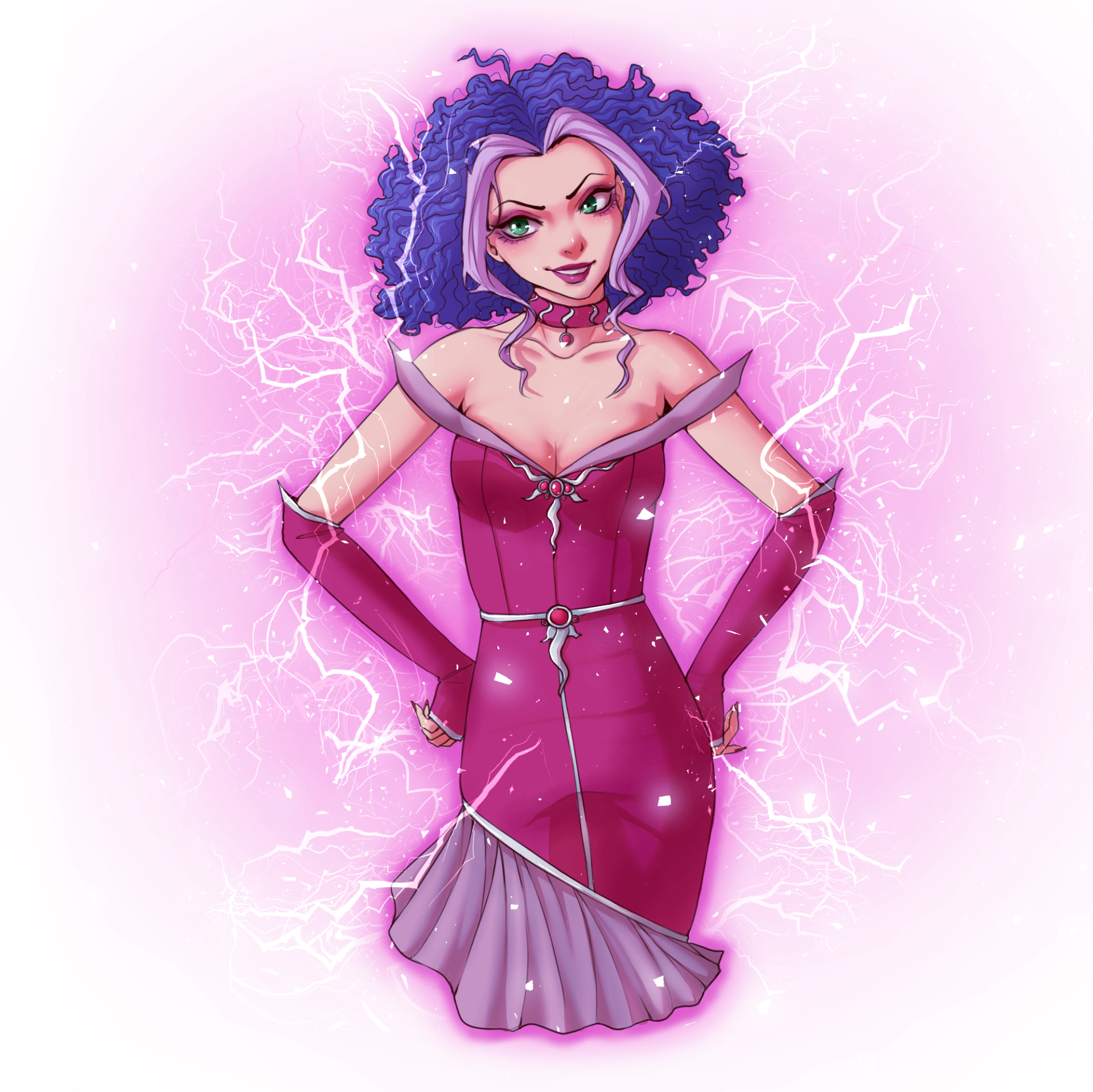 Royal Stormy in a magenta gown with lightning effects