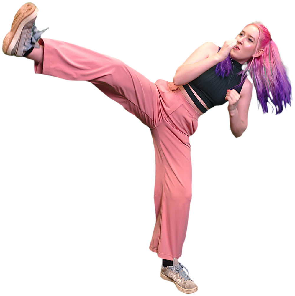 Denise doing a high kick into her own illustration