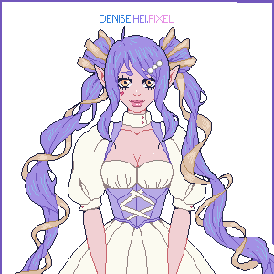 Pixel art portrait of a purple-haired girl in a cream and lilac dress