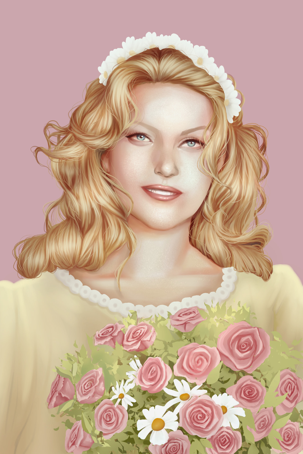 Portrait of a blonde woman with a daisy crown holding roses
