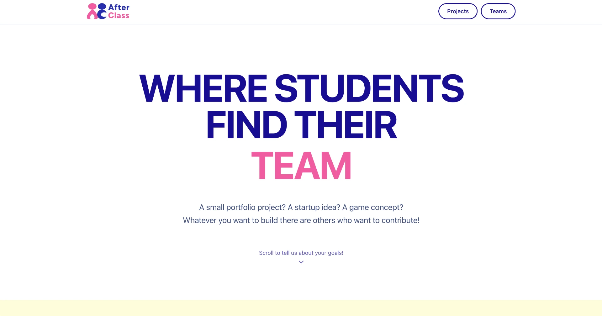 AfterClass landing page hero with the headline 'Where students find their team'