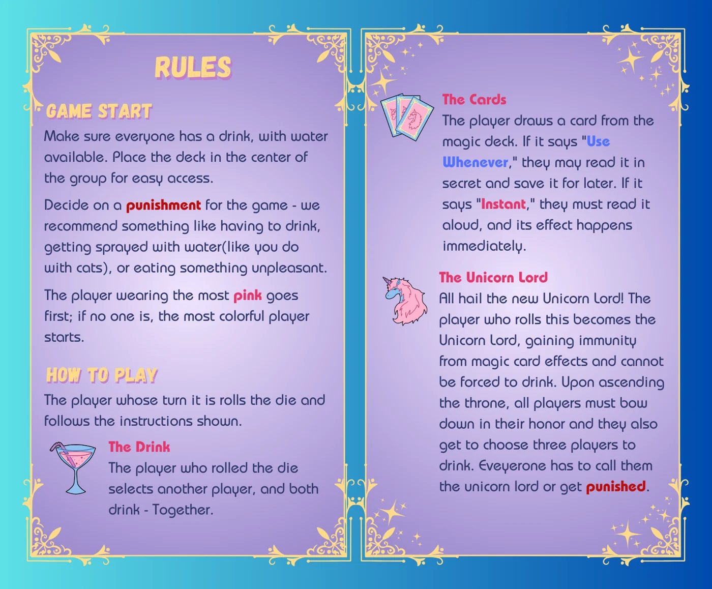 Manual rules pages, lavender with the drink, cards and Unicorn Lord explained