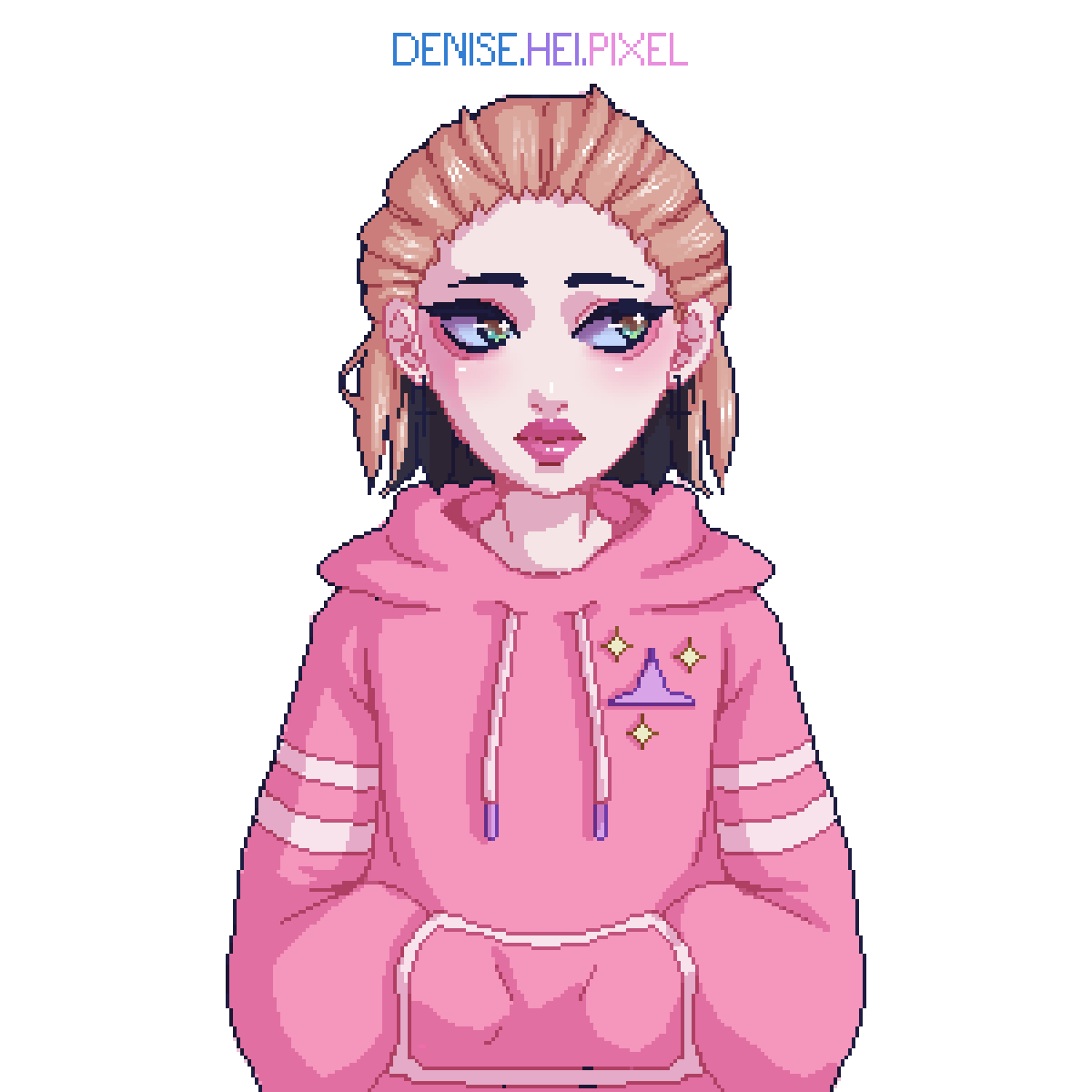 Pixel art portrait of a girl in a pink hoodie