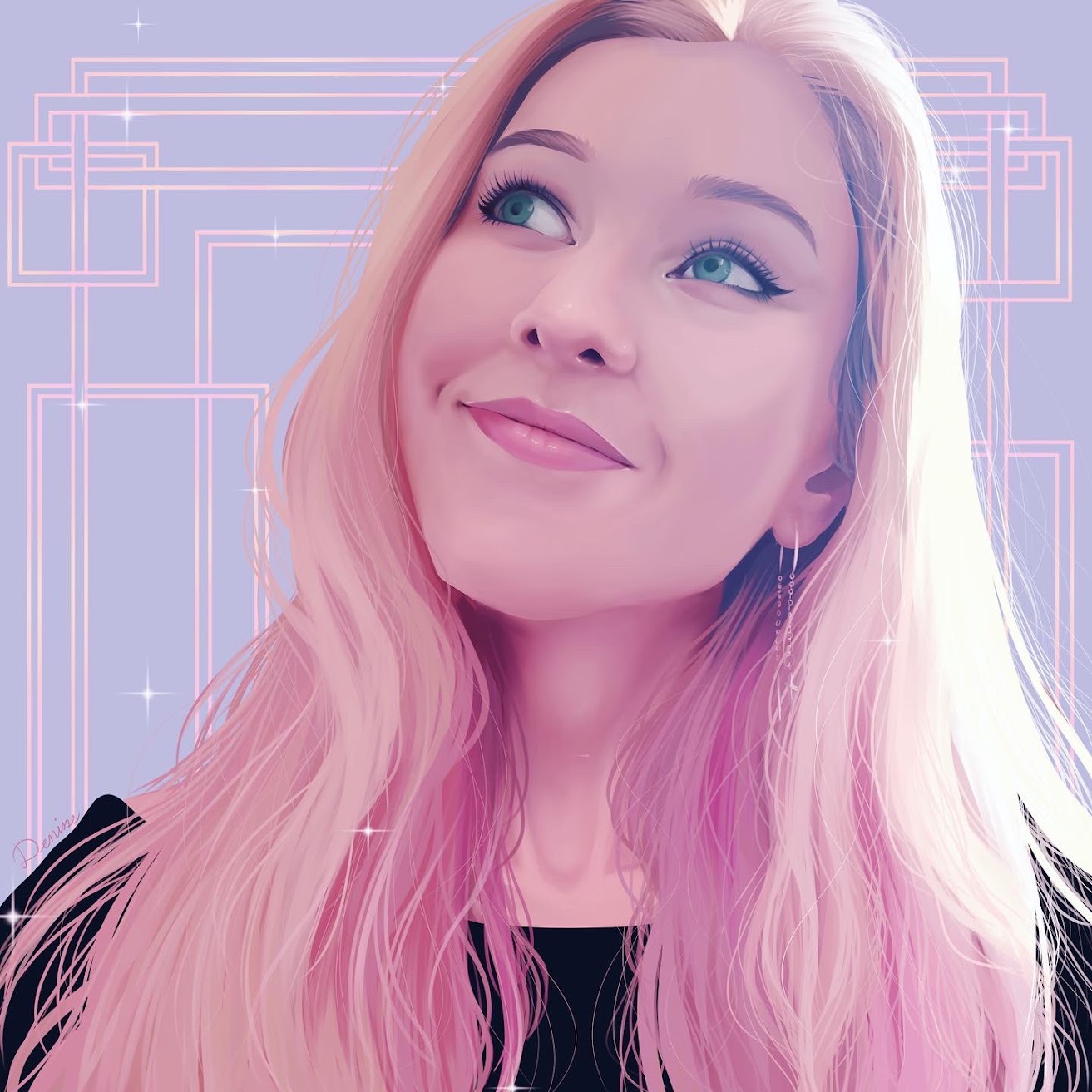 Vector-style self portrait with pink hair on a lavender background