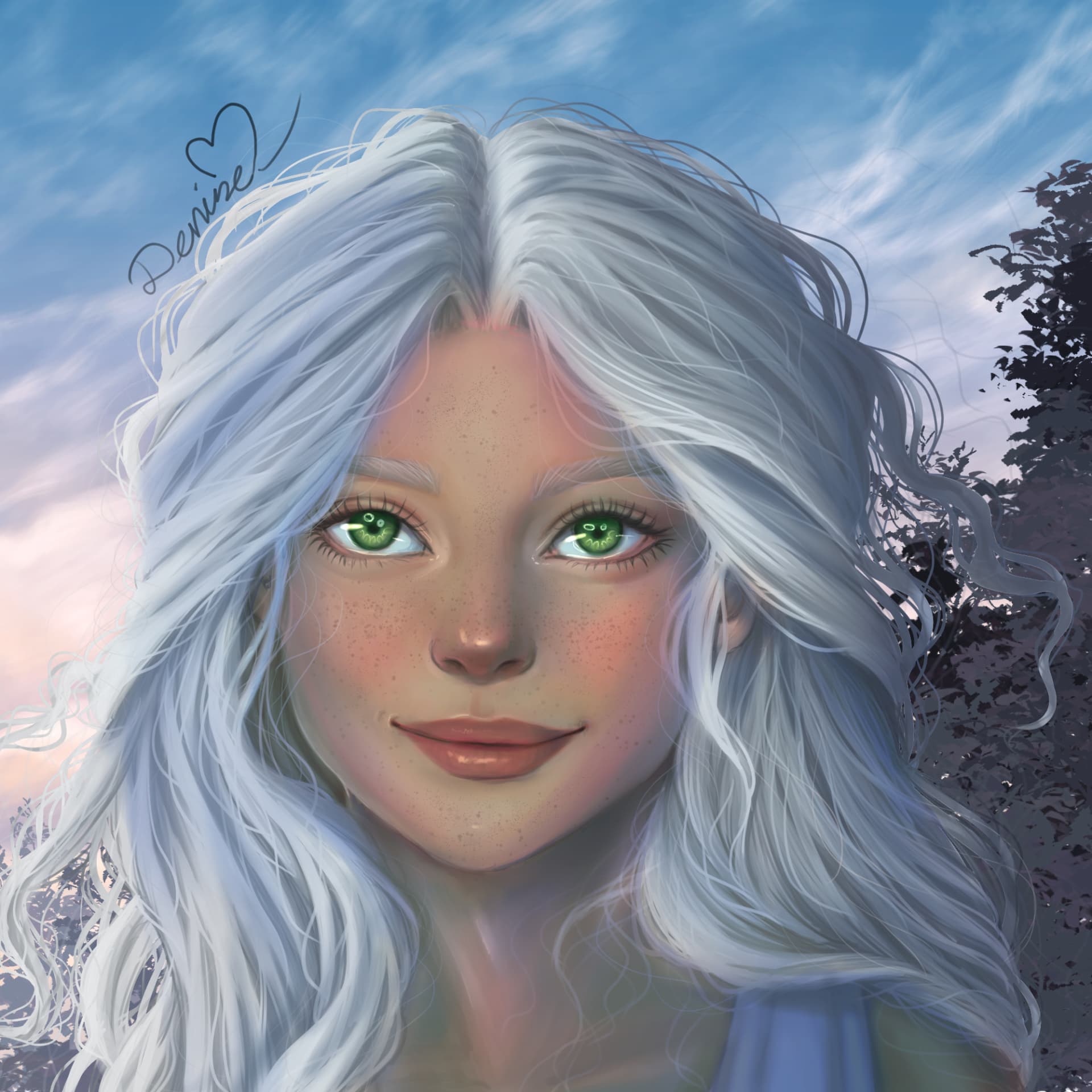 Semi-realistic portrait of a girl with white hair and green eyes