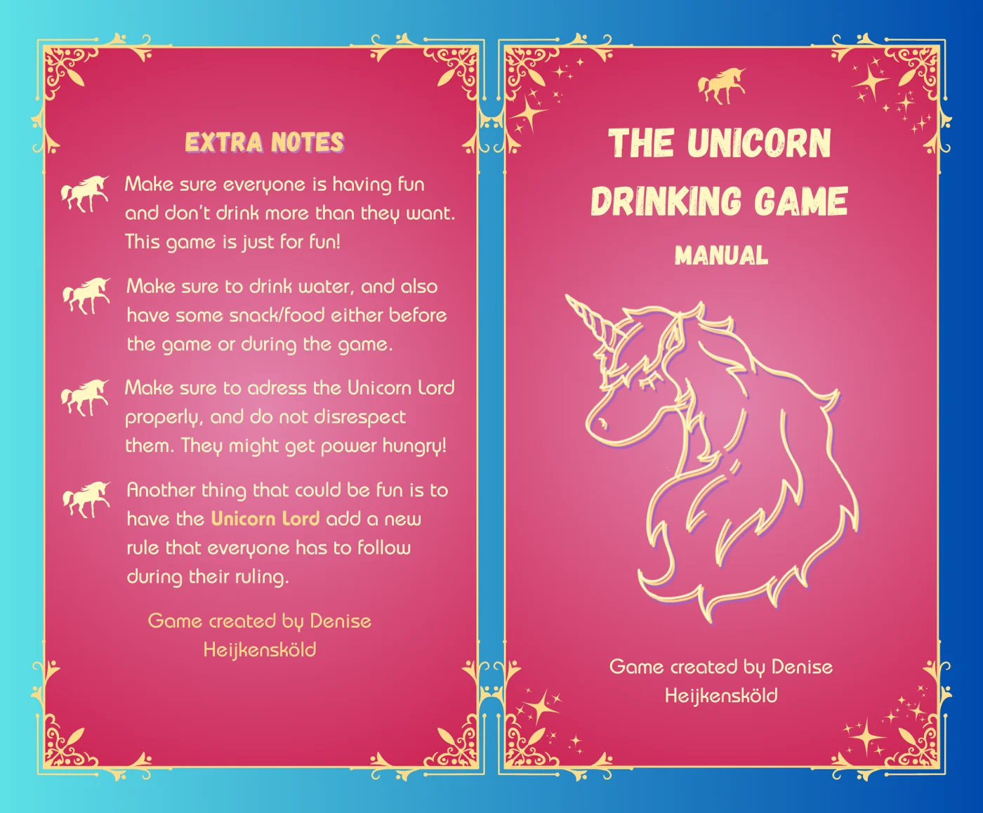 Manual cover and extra notes, pink pages with gold ornaments