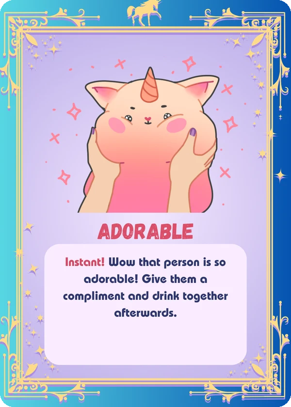 Unicorn drinking game card: Adorable, a chubby unicorn cat