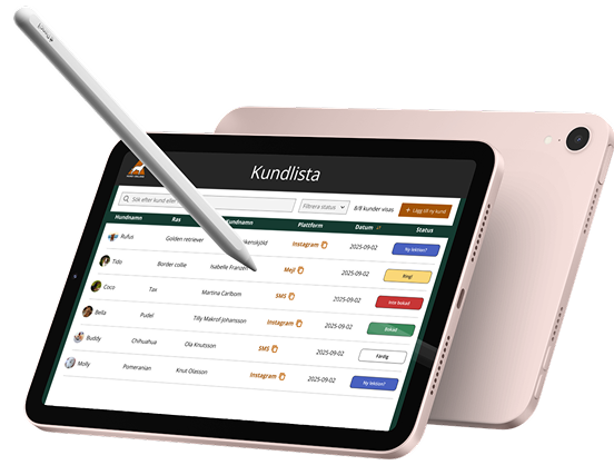 Kundlista client database shown on an iPad Mini