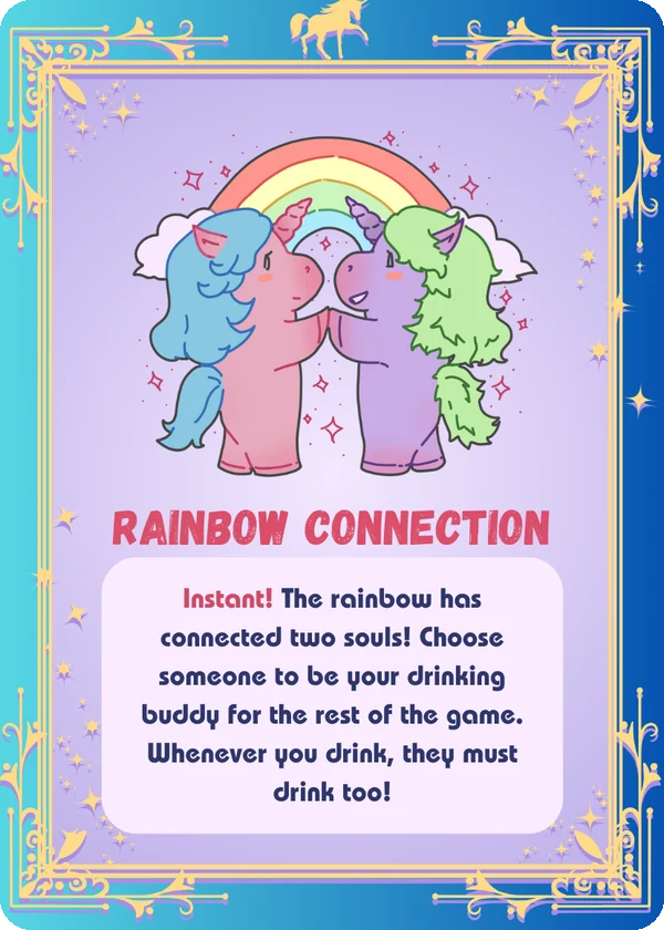 Unicorn drinking game card: Rainbow Connection, an illustrated rainbow card
