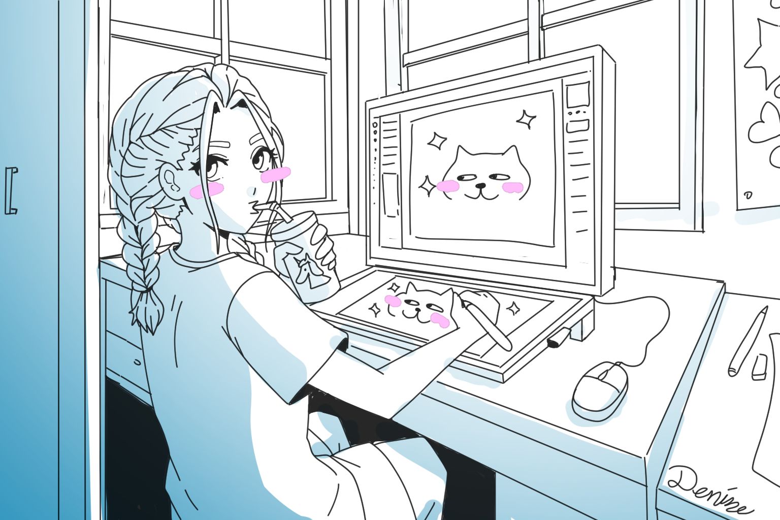 Artist at a desk drawing a cute cat on a tablet